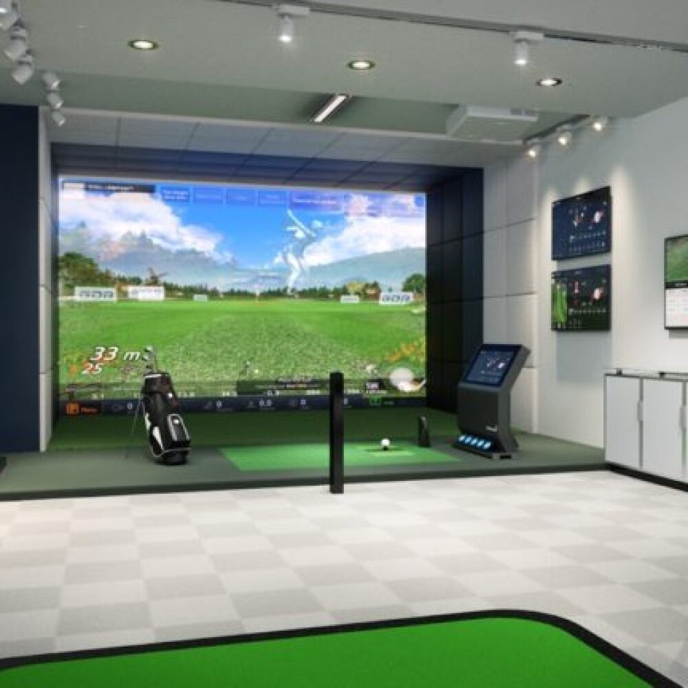 Golfzon Golf Simulator GDR with Golf Clubs on Left