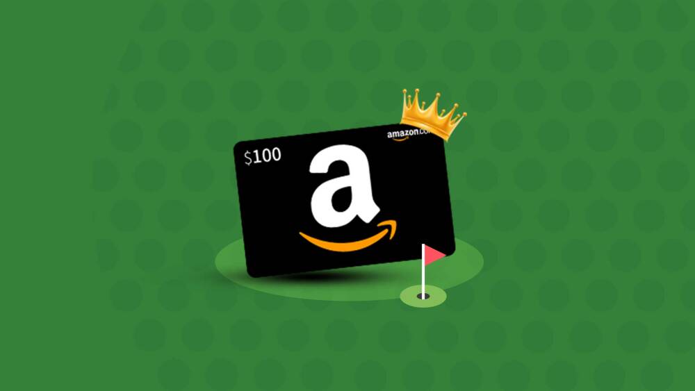 $100 Amazon Gift Card with Flag and Green Golf Ball Pattern Background