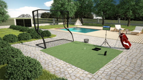 Outdoor Golf Launch Monitor Wave Set Up with Net Next to Pool