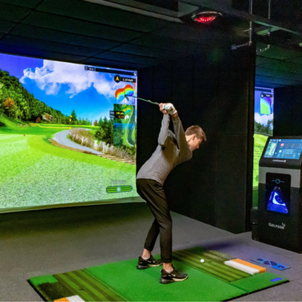 Lakeville Links Golfer Full Back Swing Golfzon TwoVision Golf Simulator