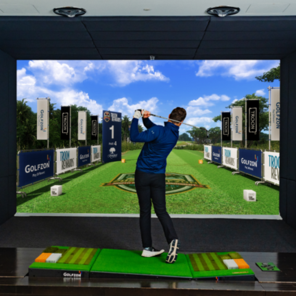 Directly Behind Golfer Playing on Moving Swing Plate on Golfzon Golf Simulator TwoVision