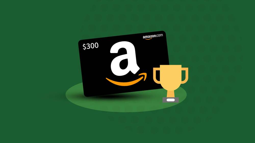 $300 Amazon Gift Card with Trophy and Green Golf Pattern Background