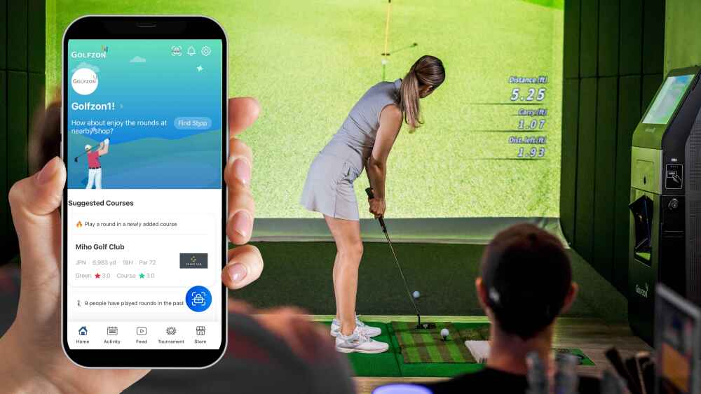 Golfzon Global App Shown on Phone, Person Holding Phone in Front of Golfzon TwoVision Simulator