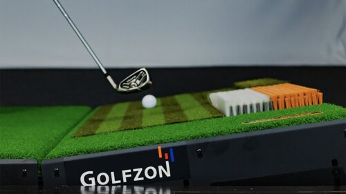 Zoomed In - Golfzon TwoVision SwingPlate with Golfzon Logo, Wedge Club, Golf Ball