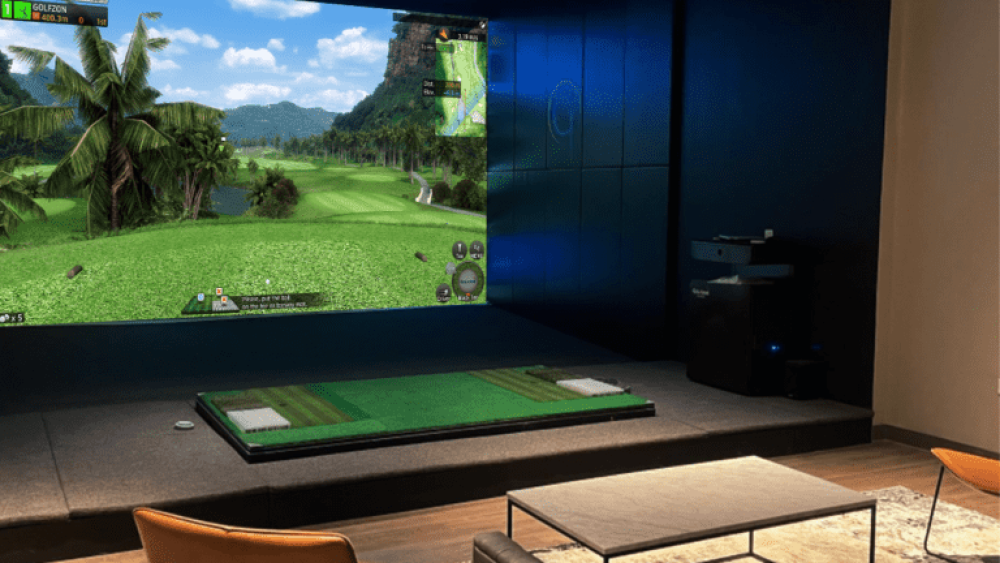 Golfzon TwoVision Golf Simulator, Chairs, Table Behind