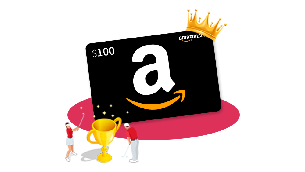 Swing into Spring Hole-in-One Prize - $100 Amazon Gift Card with Crown and Trophy Surrounded by Illustrated Golfers