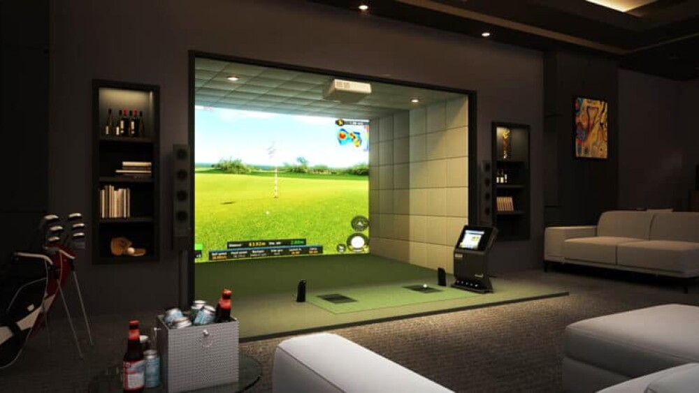 Residential Buildout Golfzon Simulator Couches Golf Clubs Cooler with Drinks