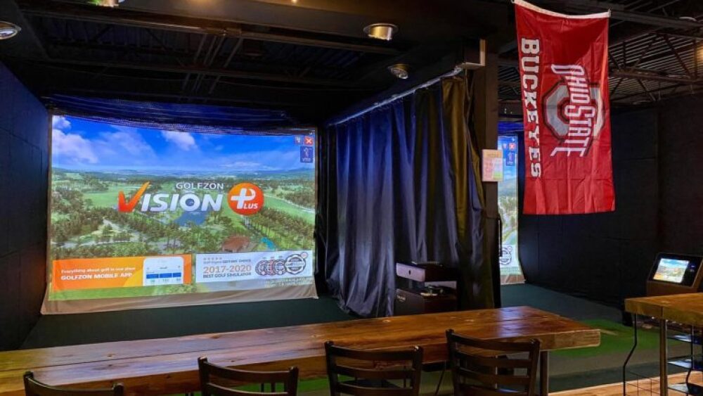 Golfzon Vision Plus On Screen - Ohio State Buckeyes Flag, Bar Table and Stools