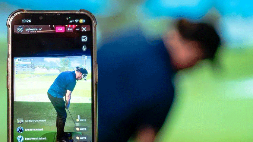 GOLFZON Tour The Golf Rooms - Phone on Live Showing Golfer Playing