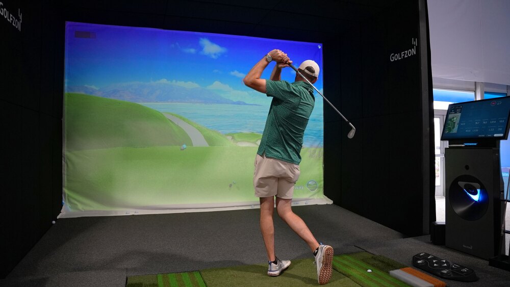 Male Golfer with Iron Golf Club Swinging on TwoVisionNX with TwoVision Swing Plate and Moving Floor