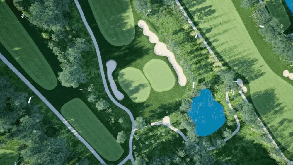 Aerial shot of a course, flyover shots of the ball being hit from the fairway, and a chip shot out of the greenside bunker